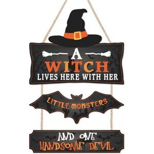 3Pcs Halloween Party Door Hanger Witch Themed Wall Hanging Sign Spooky Bat